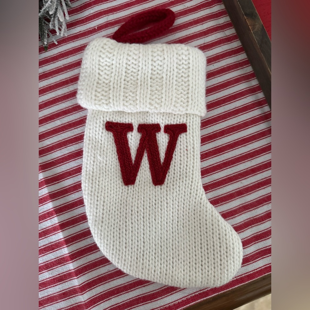 White Knit Stocking with Red Letter W